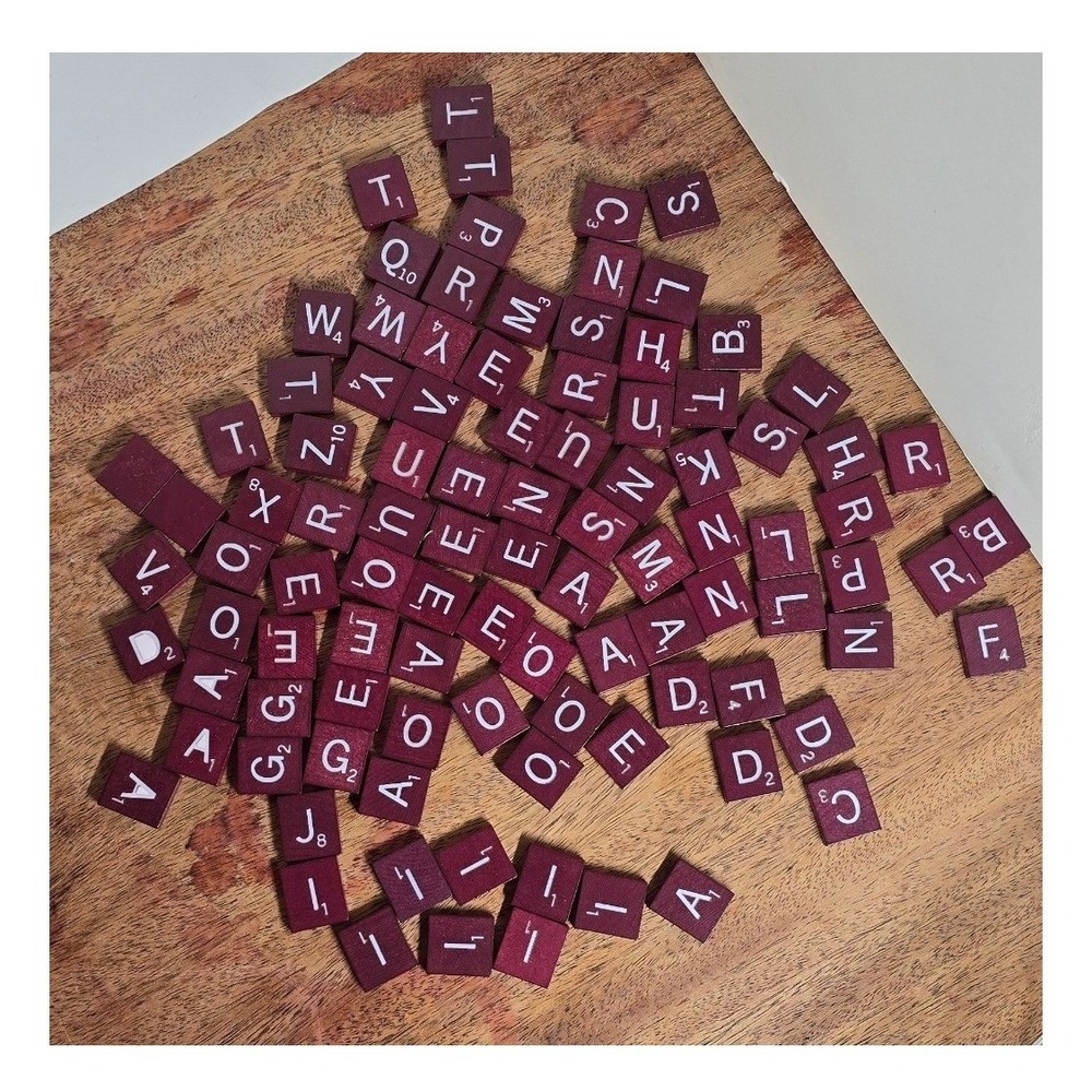 VTG 1982 Scrabble wood tiles burgundy/maroon deluxe w misprints (2 missing tiles